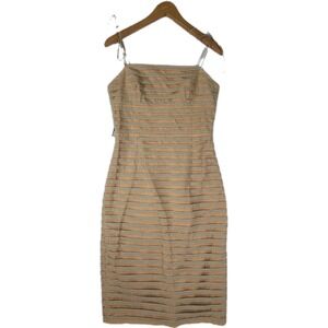 BETSEY JOHNSON DRESS SIZE 8 BEIGE GINGHAM STRIPE SPAGHETTI STRAP SHEATH MIDI VTG